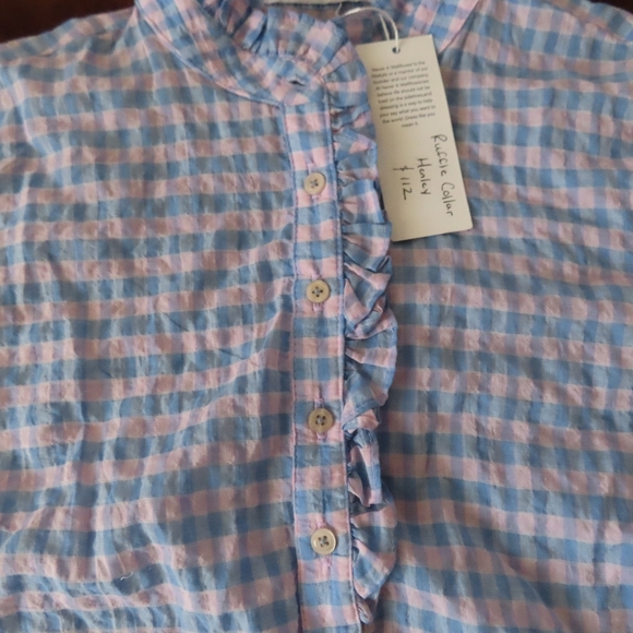 Never A Wallflower RUFFLE COLLAR HENLEY PINK & BLUE CHECK XS NWT $112 - Picture 2 of 5